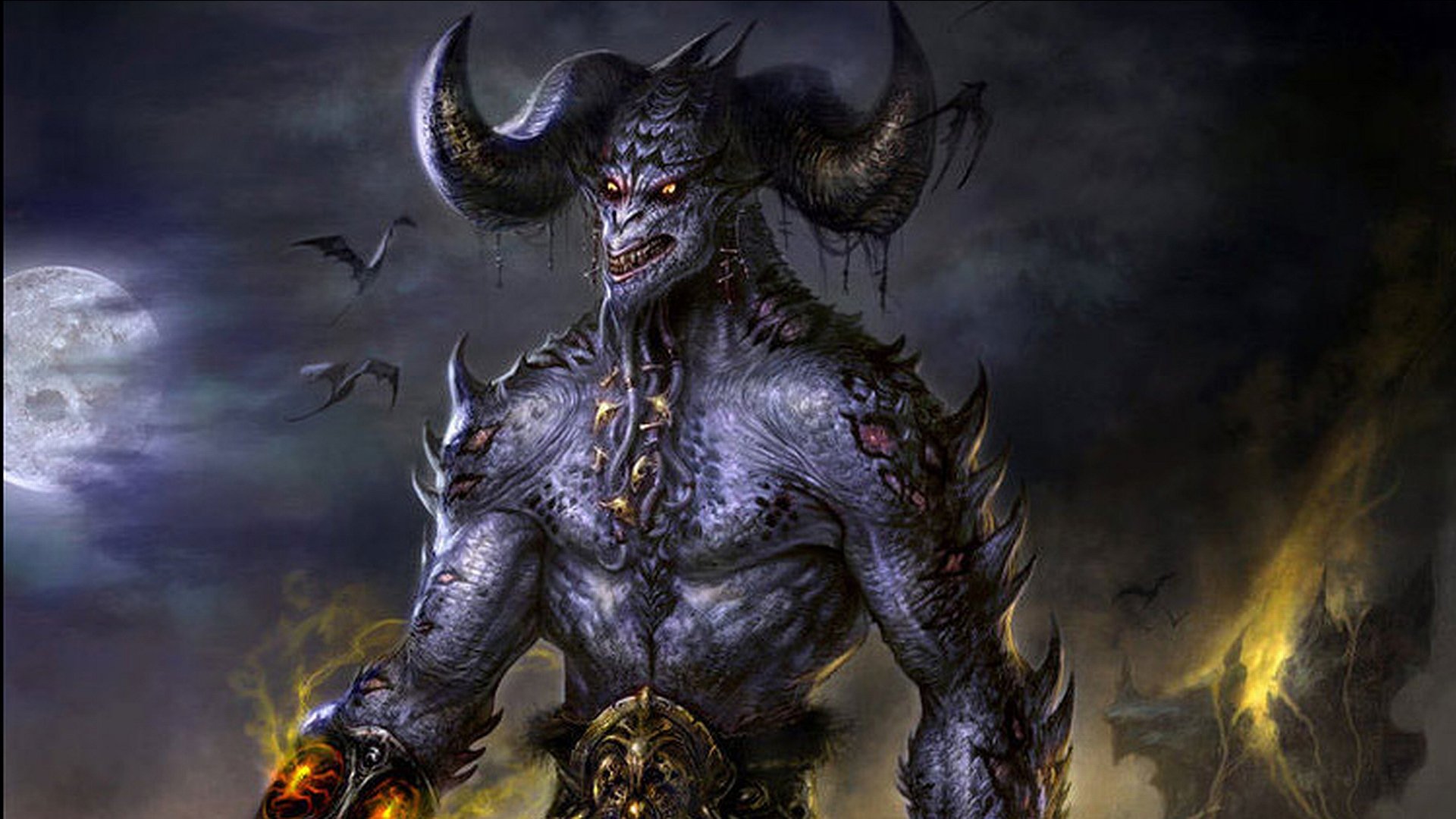 HD PC desktop wallpaper depicting a dark, menacing demon with large curved horns and glowing eyes, set against a smoky, ominous night sky.