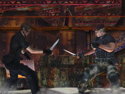 HD PC desktop wallpaper featuring Ada Wong, Jack Krauser, and Leon S. Kennedy from the video game Resident Evil 4 in a tense standoff with knives.