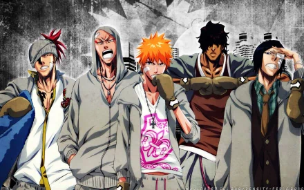 Bleach HD PC desktop wallpaper featuring Renji Abarai, Ikkaku Madarame, Yasutora Sado, Uryu Ishida and Ichigo Kurosaki posed together against a gritty grayscale backdrop.