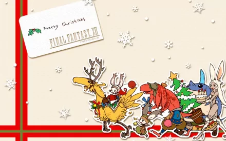 Festive Final Fantasy XII HD PC wallpaper featuring characters and creatures celebrating Christmas with gifts, decorations, and snowflakes on a wrapped gift background.