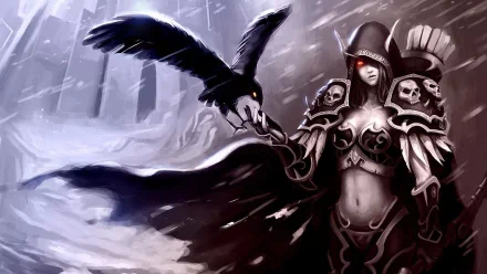 Sylvanas Windrunner stands in a gothic landscape, a raven perched nearby, embodying the dark aesthetic of World of Warcraft in this detailed HD desktop wallpaper.