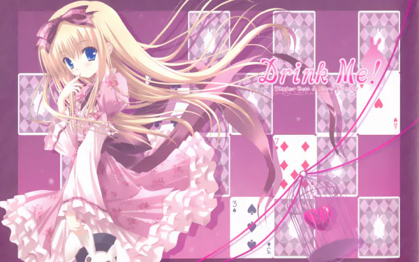 Anime-style Alice from Alice in Wonderland in a flowing pink dress with playing cards in the background, designed as a vibrant 4K Ultra HD PC desktop wallpaper.
