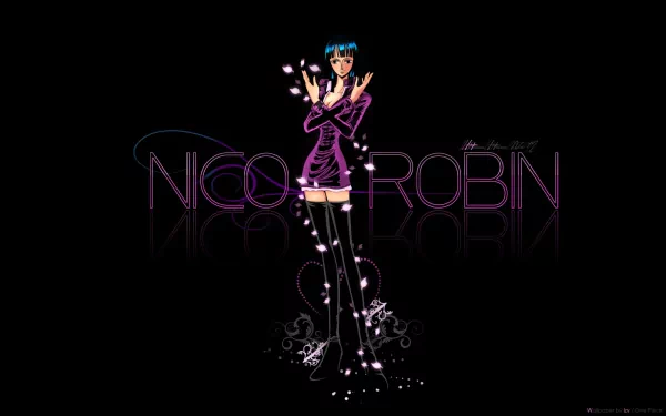HD desktop wallpaper featuring Nico Robin from the anime One Piece, showcasing her in a stylish pose with vibrant colors and dynamic design elements on a sleek black background.