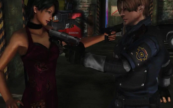 HD desktop wallpaper featuring Leon S. Kennedy and Ada Wong from the video game Resident Evil 4, set in a dark, intense atmosphere.