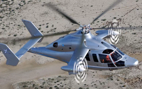 HD desktop wallpaper featuring a Eurocopter X3 helicopter in flight over a desert landscape.