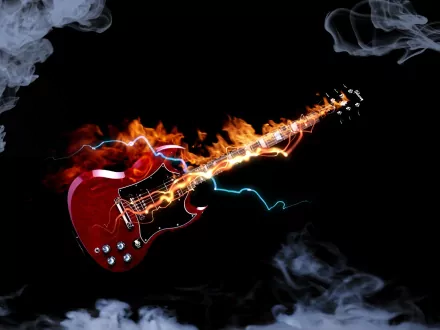 Music-themed HD PC desktop wallpaper: fiery red Gibson electric guitar blazing across a black background with flames, sparks, electric-blue lightning and smoky edges.