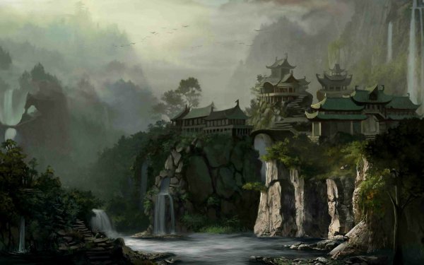 Artistic Oriental Waterfall Tree Lake HD Wallpaper | Background Image
