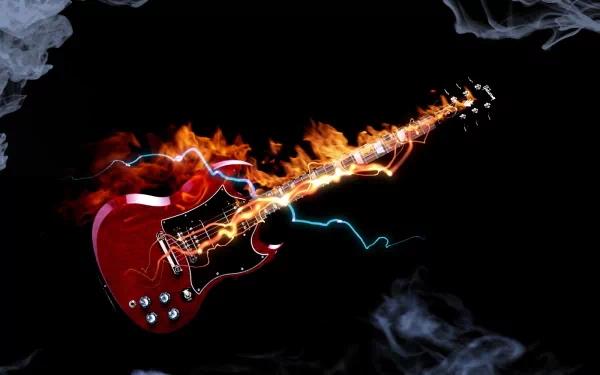 Music-themed HD PC desktop wallpaper: fiery red Gibson electric guitar blazing across a black background with flames, sparks, electric-blue lightning and smoky edges.