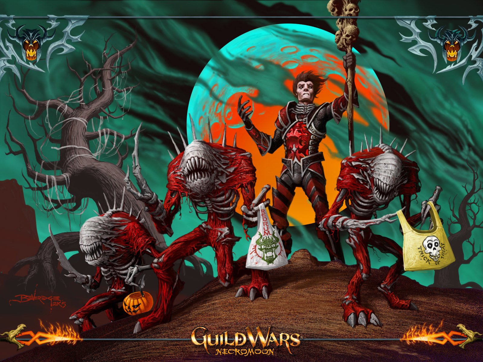 HD Halloween-themed Guild Wars PC wallpaper featuring a skeletal character and monstrous creatures against a glowing orange moon with eerie, twisted trees in the background.