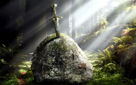 A fantasy-themed HD wallpaper featuring a glowing sword embedded in a moss-covered rock, surrounded by lush greenery and rays of light streaming through a magical forest.
