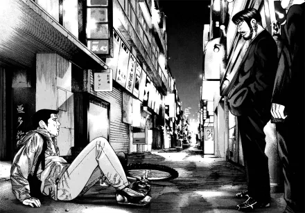Black-and-white anime-style HD desktop wallpaper from Ichi the Killer, depicting a tense nighttime street scene with two men confronting a seated figure.