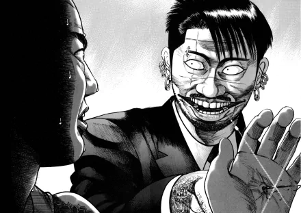 Black and white manga-style HD desktop wallpaper featuring intense characters from the anime Ichi the Killer in a dramatic close-up scene.