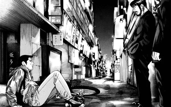 Black-and-white anime-style HD desktop wallpaper from Ichi the Killer, depicting a tense nighttime street scene with two men confronting a seated figure.