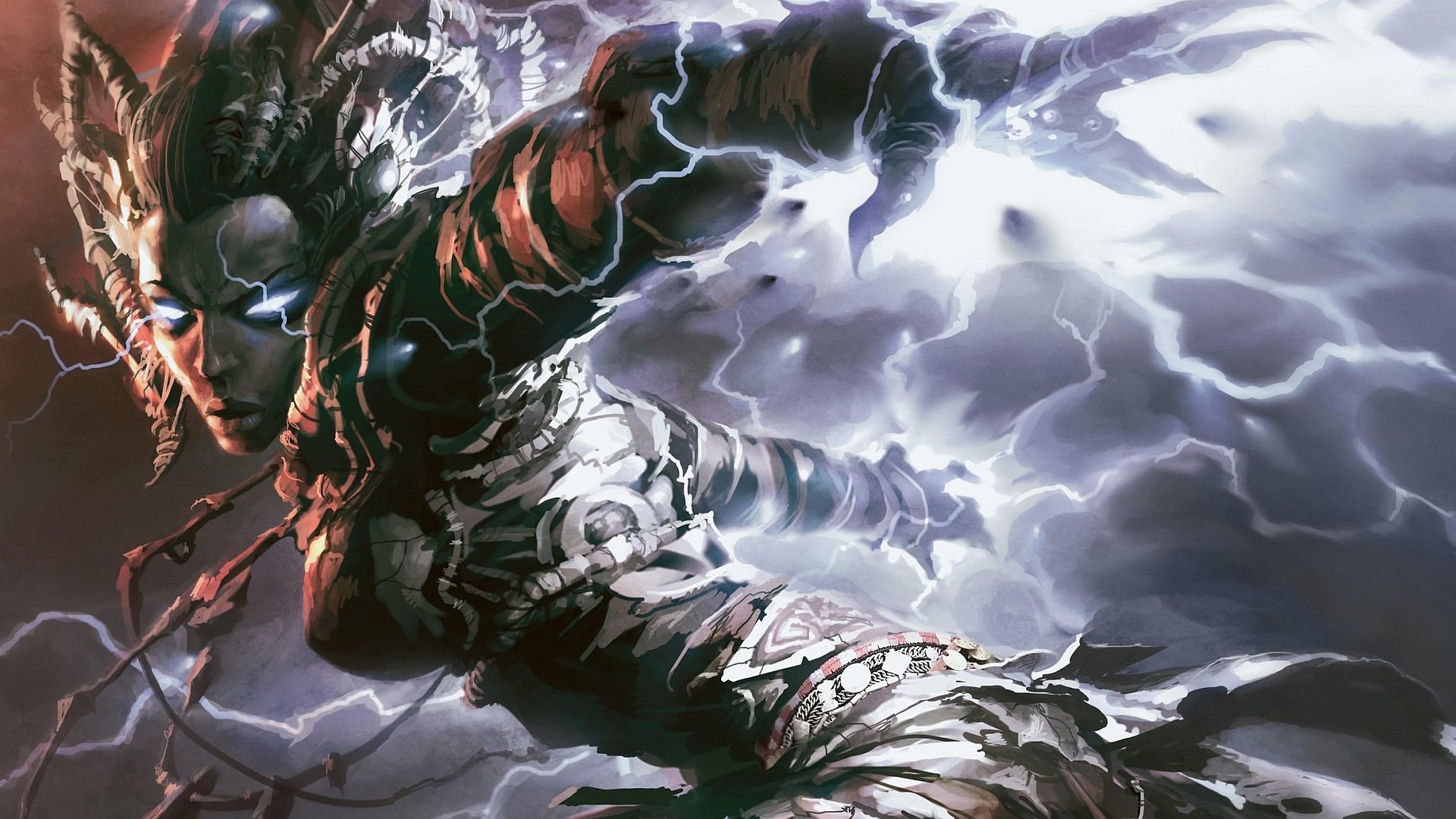 HD PC desktop wallpaper featuring a dynamic, man-made Magic: The Gathering character surrounded by lightning and dark energy.