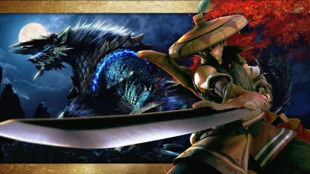 HD PC desktop wallpaper of Zinogre (Monster Hunter): armored hunter with glowing blade confronts blue, thunderous wyvern in a moonlit forest — video game Monster Hunter background.