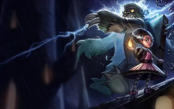 HD PC desktop wallpaper featuring Annie and her bear Tibbers from League of Legends, set against a dark, stormy background with lightning effects.