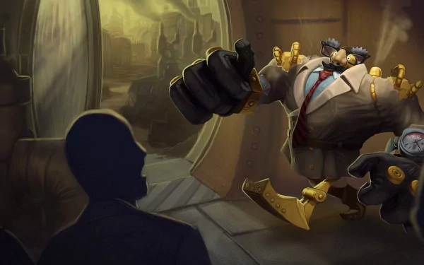 HD PC desktop wallpaper featuring Blitzcrank from League of Legends in a dynamic, stylized scene from the video game.