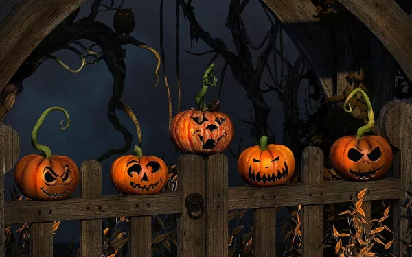 A spooky Halloween scene features five carved pumpkins sitting on a wooden fence, surrounded by dark, eerie foliage, creating an enchanting holiday atmosphere in high-definition.