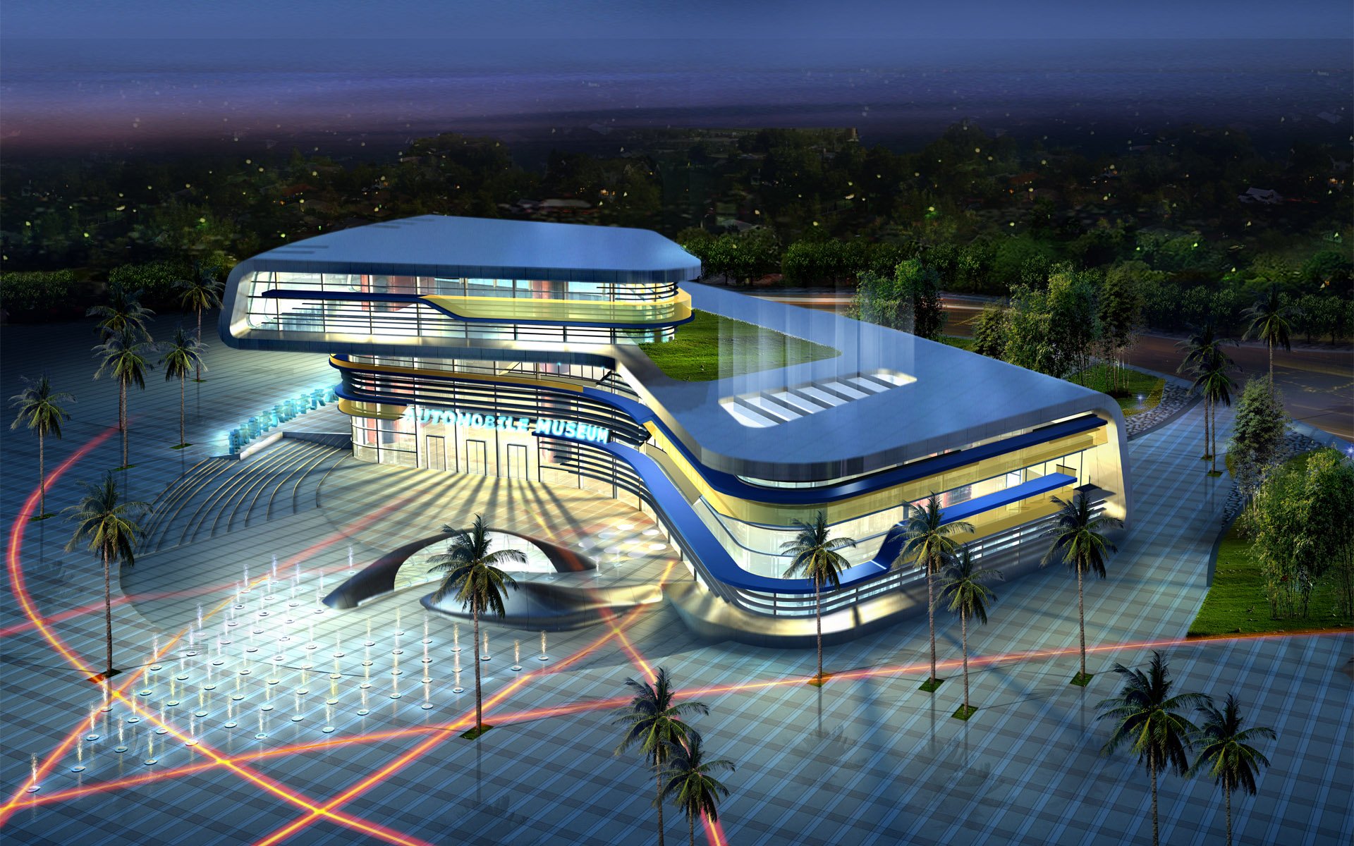 HD PC desktop wallpaper and background showing a futuristic, multi-level illuminated building at night—curved glass architecture, palm trees and a glowing grid-patterned plaza from an aerial view.