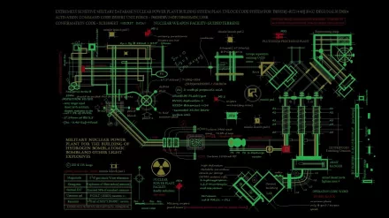 HD PC desktop wallpaper background showing a military schematic: neon-green technical blueprint with red annotations, symbols and hazard icons on a black field.
