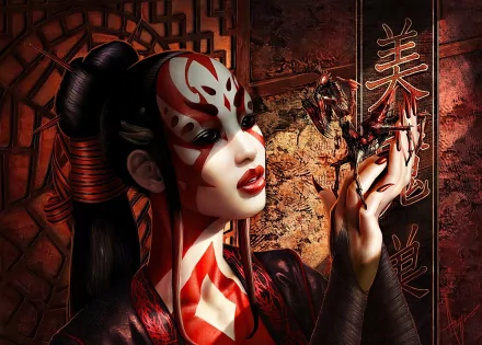 A fantasy-themed HD desktop wallpaper from Legend of the Five Rings, featuring a character with intricate red and white face paint and dark hair against a textured, ancient backdrop.