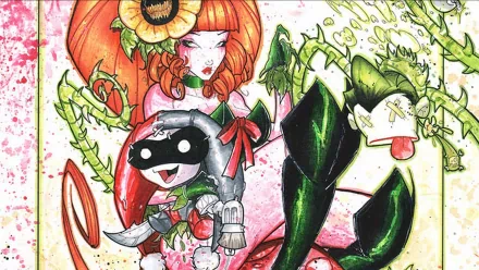 HD PC desktop wallpaper featuring vibrant comic-style Poison Ivy and Harley Quinn with bold colors and dynamic poses.