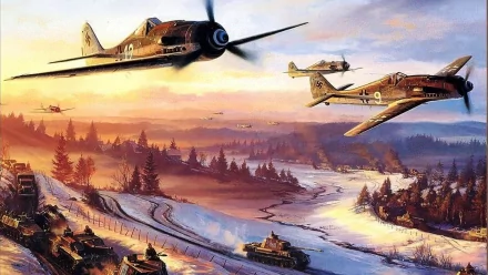 HD desktop wallpaper depicting multiple Focke-Wulf Fw 190 military aircraft flying over a snowy landscape with tanks and forests below at dawn or dusk.