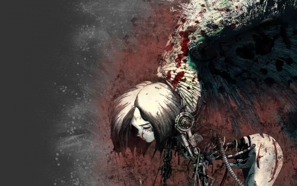 A stunning HD wallpaper featuring a battle-ready angelic robot from the Anime Battle Angel Alita, set against a dark, textured background.