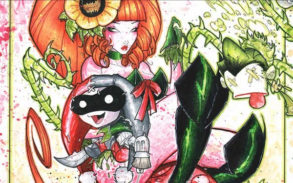 HD PC desktop wallpaper featuring vibrant comic-style Poison Ivy and Harley Quinn with bold colors and dynamic poses.
