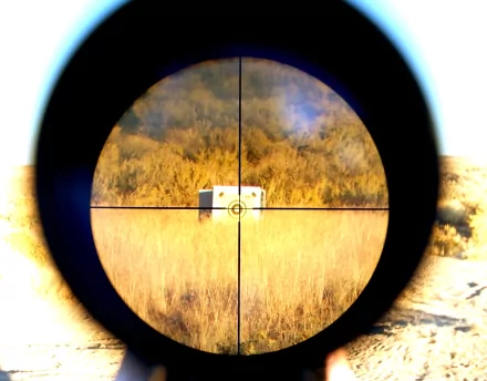 A high-definition wallpaper featuring a sniper’s view through a scope, focusing on a distant target amid a golden grassy landscape, evoking a military theme.