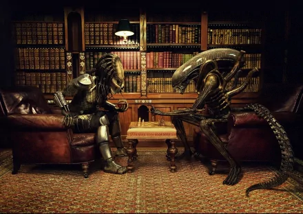Two iconic alien characters, Predator and Alien, engage in a chess match in a dimly lit library, showcasing a unique scene from the Alien vs. Predator movie, set as a HD desktop wallpaper.