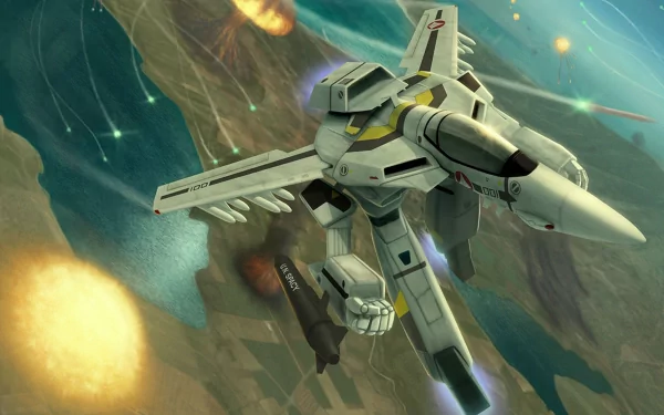 HD anime desktop wallpaper featuring a detailed fighter jet from Macross soaring through a dynamic battle scene in vibrant colors.