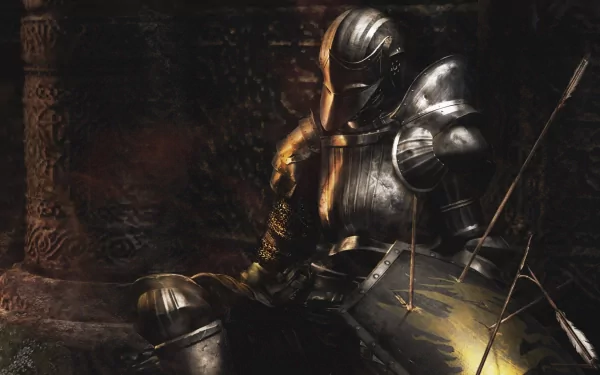 HD PC desktop wallpaper featuring a heavily armored knight from the video game Demon's Souls, depicted resting against a stone wall in a dark, moody environment.