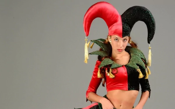 HD PC desktop wallpaper of a woman in jester cosplay: red-and-black horned hat, green ruffled collar, and cropped red-and-black costume against a gray background.