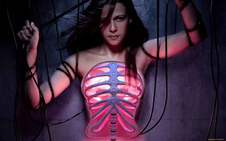 HD sci-fi desktop wallpaper featuring a female cyborg with glowing ribcage and connected black cables against a dark background.