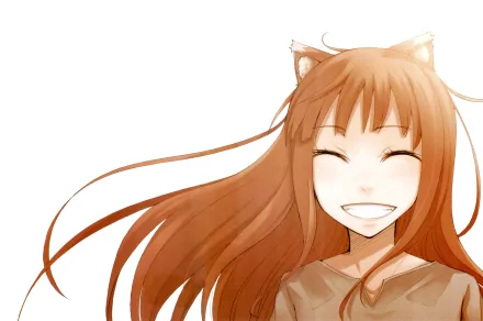 Anime-style illustration of a smiling girl with long brown hair and wolf ears, inspired by Spice and Wolf, rendered in 4K Ultra HD for PC desktop wallpaper.