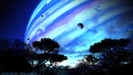 A stunning Sci-Fi night scene featuring a vibrant blue planet surrounded by stars, silhouetted trees, and swirling clouds, reminiscent of the ethereal visuals from Avatar.