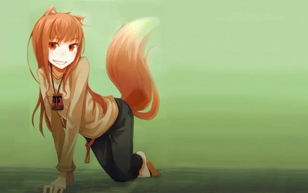 HD anime desktop wallpaper featuring Holo, the wolf girl from Spice and Wolf, with her signature ears and tail against a soft green background.