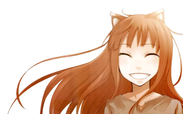 Anime-style illustration of a smiling girl with long brown hair and wolf ears, inspired by Spice and Wolf, rendered in 4K Ultra HD for PC desktop wallpaper.