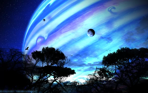 A stunning Sci-Fi night scene featuring a vibrant blue planet surrounded by stars, silhouetted trees, and swirling clouds, reminiscent of the ethereal visuals from Avatar.