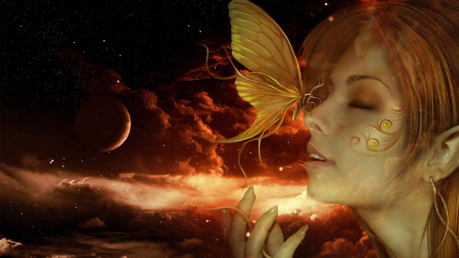 Fantasy-themed artistic HD PC desktop wallpaper featuring a serene woman with glowing yellow butterfly near her face, set against a dramatic cosmic background.