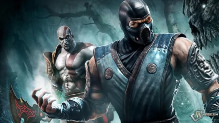 A dynamic HD wallpaper featuring Sub-Zero from Mortal Kombat with blue eyes and a mask, alongside Kratos from God of War, both in a dark, shadowy forest setting.