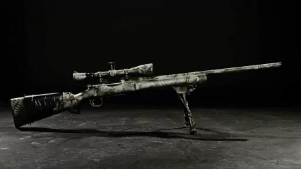 A HD desktop wallpaper featuring a man-made sniper rifle, showcasing its sleek design and camouflaged finish against a dark backdrop.