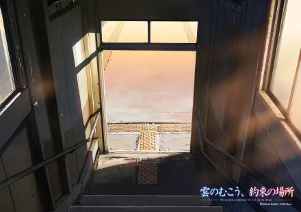 A serene HD desktop wallpaper featuring a staircase leading to an open door, inspired by the anime The Place Promised In Our Early Days. Light streaming enhances the tranquil atmosphere.
