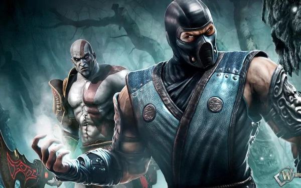 A dynamic HD wallpaper featuring Sub-Zero from Mortal Kombat with blue eyes and a mask, alongside Kratos from God of War, both in a dark, shadowy forest setting.