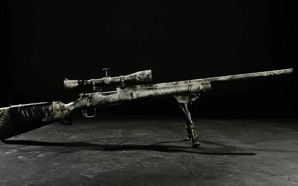 A HD desktop wallpaper featuring a man-made sniper rifle, showcasing its sleek design and camouflaged finish against a dark backdrop.