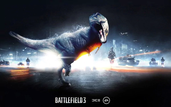 HD PC desktop wallpaper featuring a dynamic Battlefield 3 scene with a roaring dinosaur amidst soldiers, tanks, and helicopters in a glowing, intense battlefield setting.