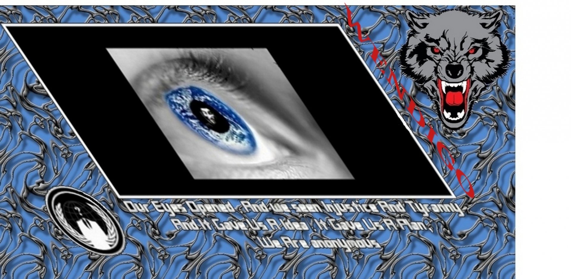 HD PC desktop wallpaper and background, technology/hacker theme: tilted black frame with a grayscale eye showing a blue globe iris, chain-link pattern, code-like text and a snarling wolf.