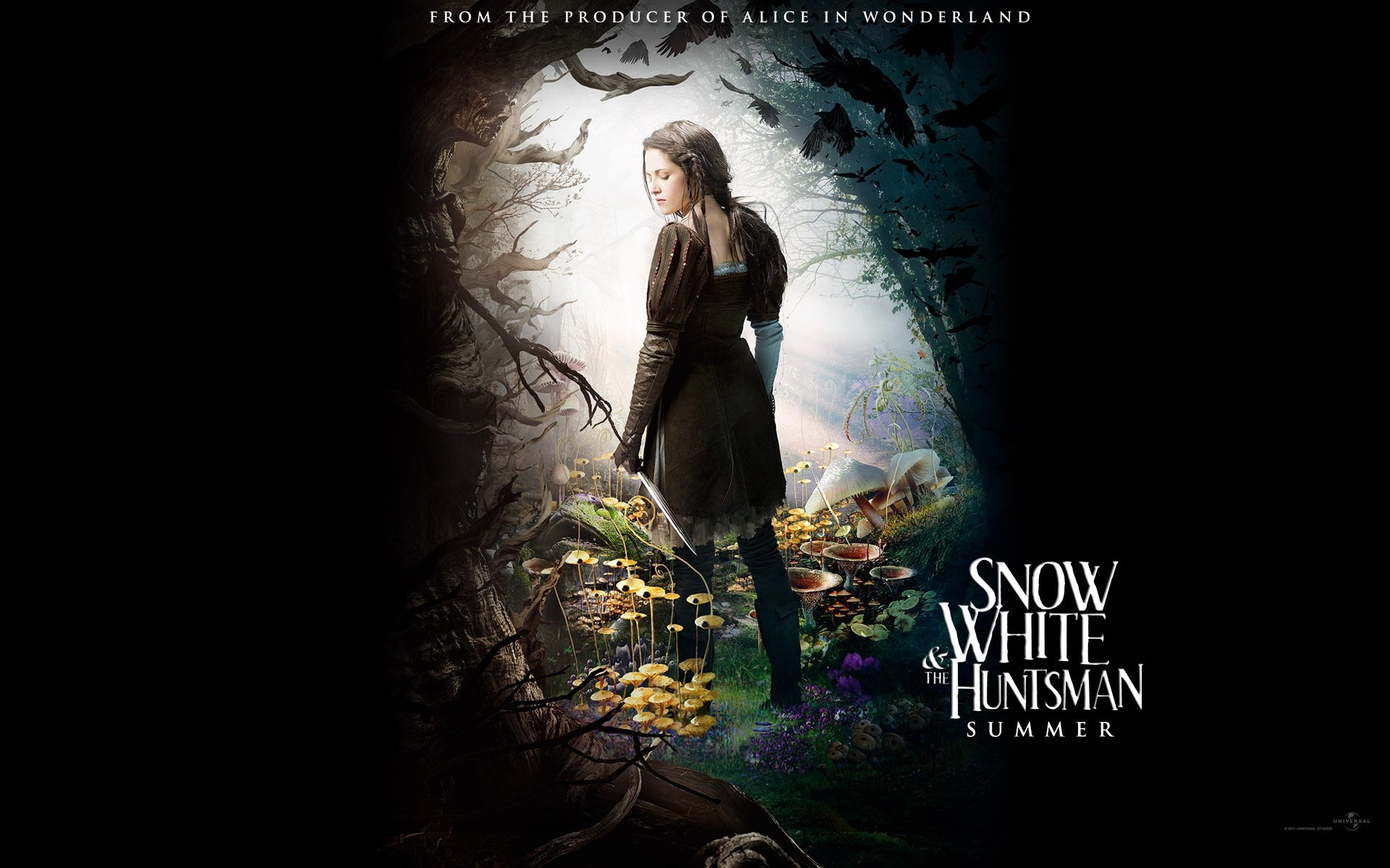 HD desktop wallpaper featuring Kristen Stewart as Snow White from the movie Snow White and the Huntsman, set against a dark, mystical forest background.