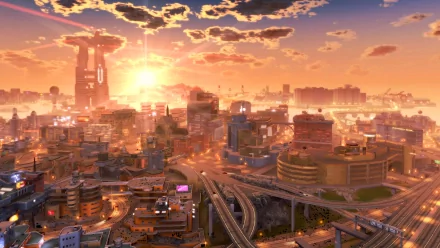 A vibrant artistic depiction of a city skyline at sunset, showcasing intricate buildings and highways under a dramatic sky. This stunning image serves as a 4K Ultra HD wallpaper.